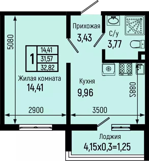 1-комнатная квартира: Небуг, ЖК Botanica Hills (32.82 м) - Фото 0