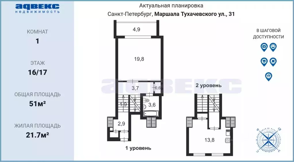 1-к кв. Санкт-Петербург ул. Маршала Тухачевского, 31 (51.0 м) - Фото 1