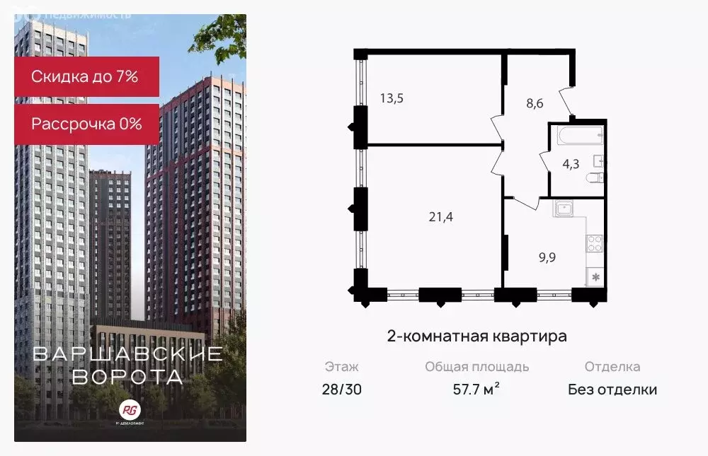 2-комнатная квартира: Москва, жилой комплекс Варшавские Ворота, 2.4 ... - Фото 0