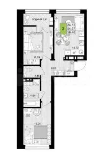 2-к. квартира, 58,5 м, 7/9 эт. - Фото 1