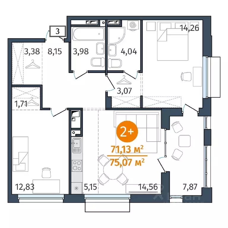 2-к кв. Тюменская область, Тюмень ул. Тимофея Кармацкого, 17 (71.13 м) - Фото 0