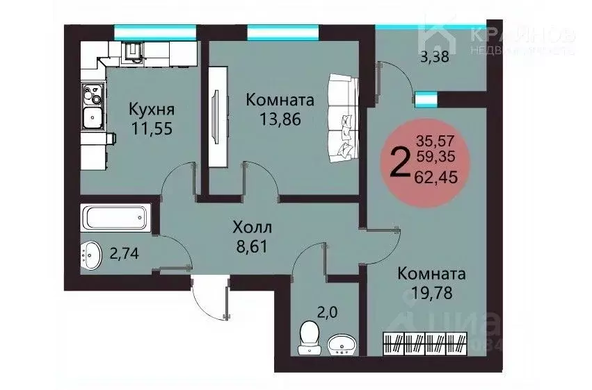 2-к кв. Воронежская область, Воронеж ул. Курчатова, 32 (62.45 м) - Фото 0