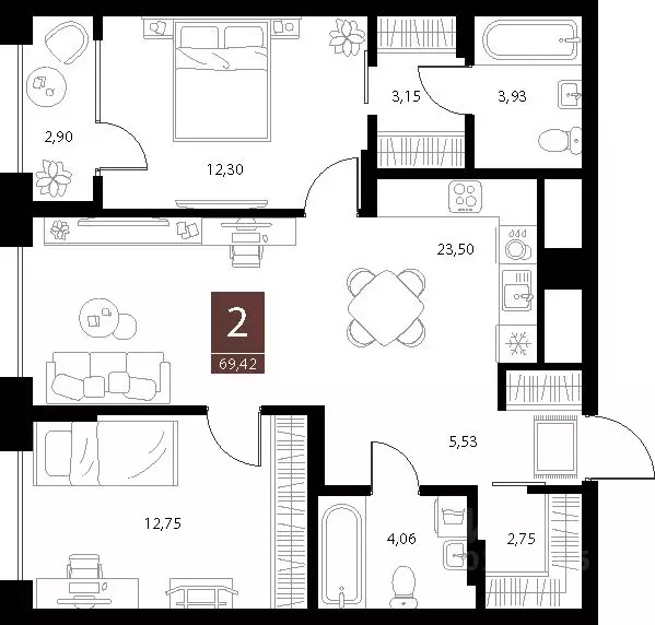 2-к кв. Рязанская область, Рязань ул. Бирюзова, 20с1 (69.42 м) - Фото 1