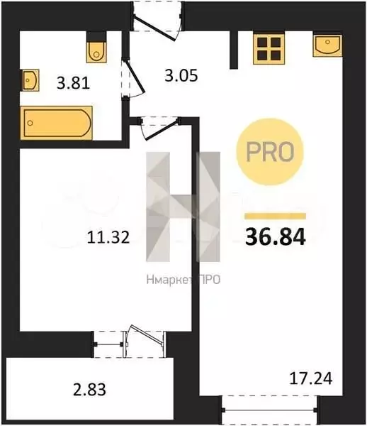 1-к. квартира, 36,8 м, 6/9 эт. - Фото 1