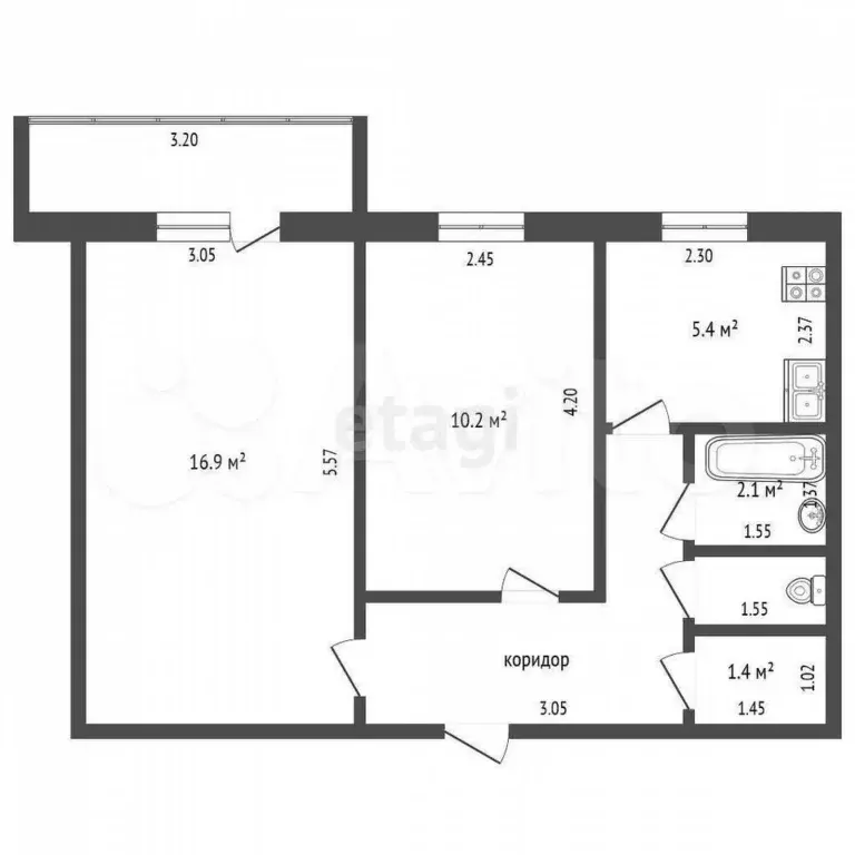 2-к. квартира, 43,9 м, 5/5 эт. - Фото 0