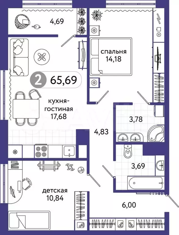 2-к. квартира, 66 м, 9/14 эт. - Фото 0