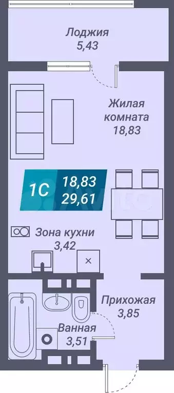 1-к. квартира, 29,6 м, 3/25 эт. - Фото 1