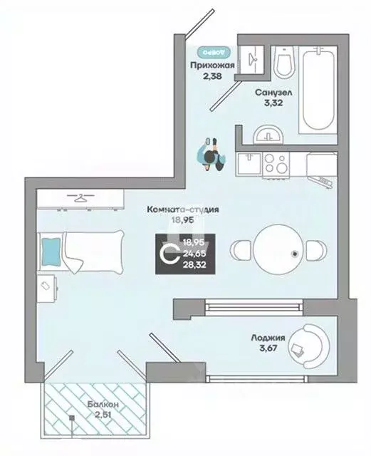 Студия Краснодарский край, Краснодар ул. Душистая, 23/1 (28.32 м) - Фото 0