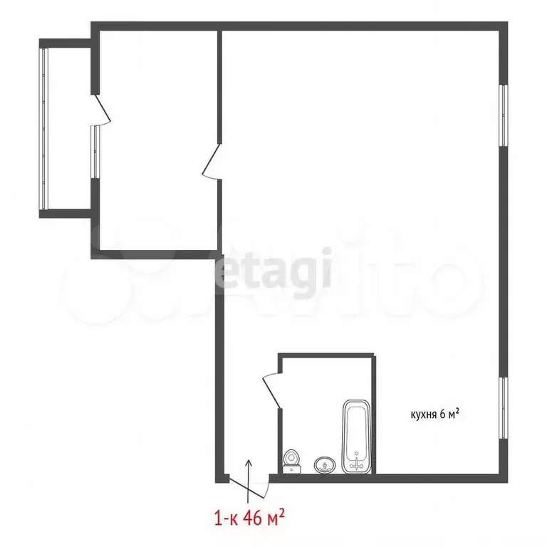 1-к. квартира, 46 м, 4/5 эт. - Фото 0
