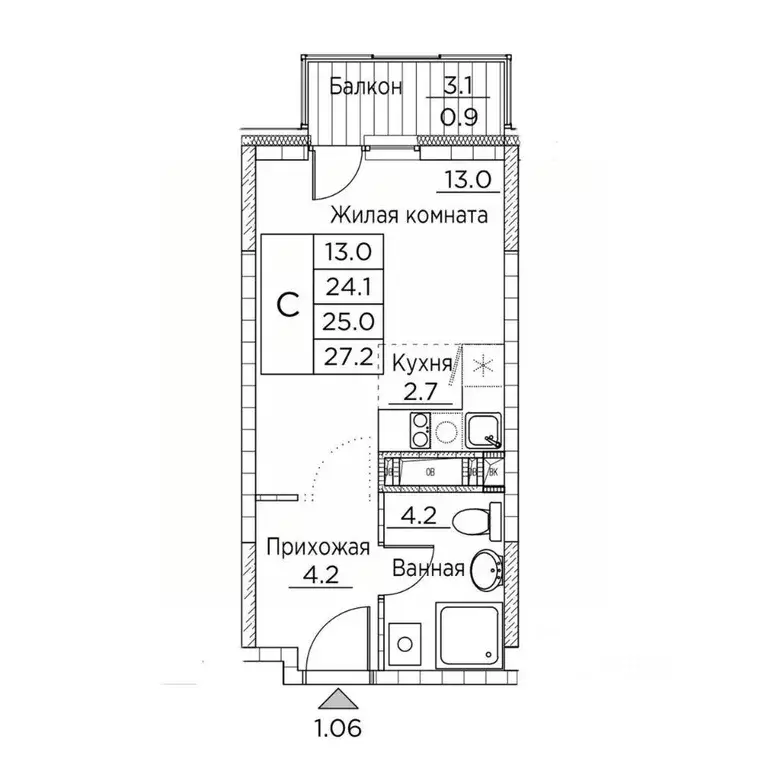 1-к кв. Приморский край, Владивосток ул. Расула Гамзатова, 7к2 (27.2 ... - Фото 1