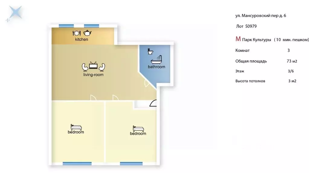 3-к кв. Москва Мансуровский пер., 6 (73.0 м) - Фото 2