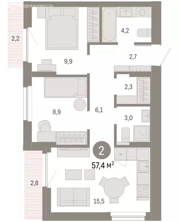 2-комнатная квартира: Новосибирский район, рабочий посёлок Краснообск, ... - Фото 2