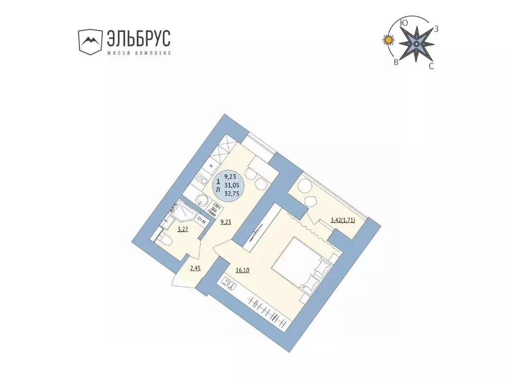 1-к кв. Башкортостан, Уфа Кавказская ул., 24 (32.76 м) - Фото 0