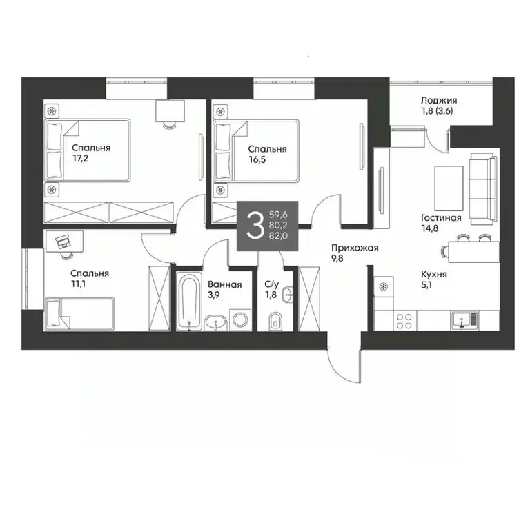 3-к кв. Татарстан, Альметьевск ул. Гафиатуллина, 60 (82.0 м) - Фото 0
