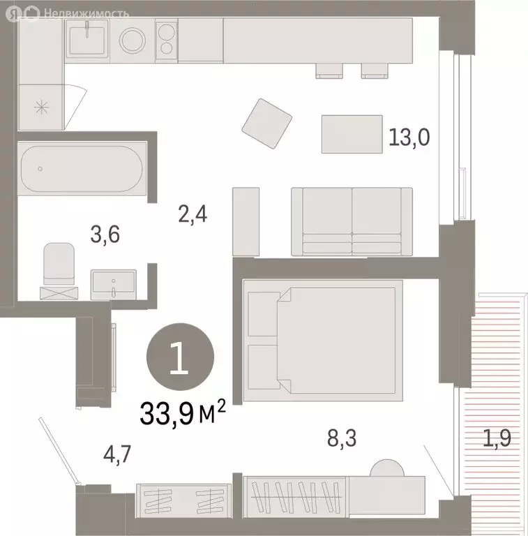 1-комнатная квартира: Тюмень, жилой комплекс Зарека (33.86 м) - Фото 1