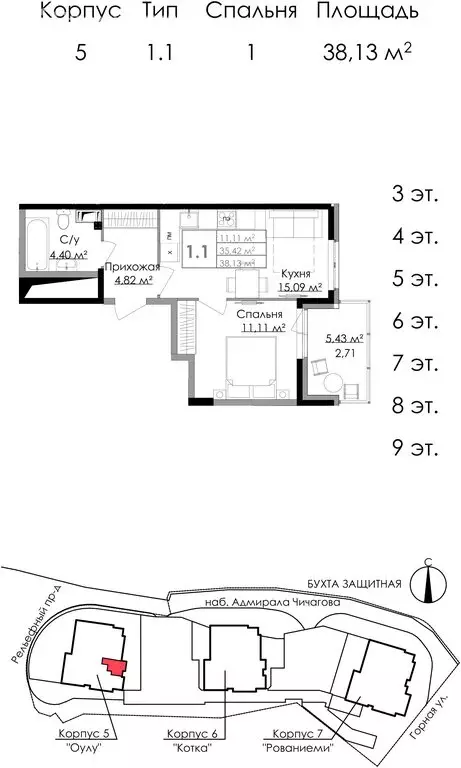 1-комнатная квартира: Выборг, набережная Адмирала Чичагова, 10 (38.13 ... - Фото 0