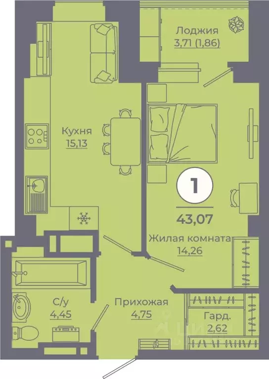 1-к кв. Ростовская область, Ростов-на-Дону ул. Еременко, 115 (42.78 м) - Фото 0