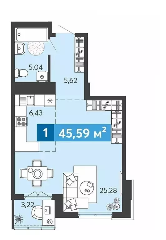 Квартира, 1 комната, 45.59 м - Фото 0