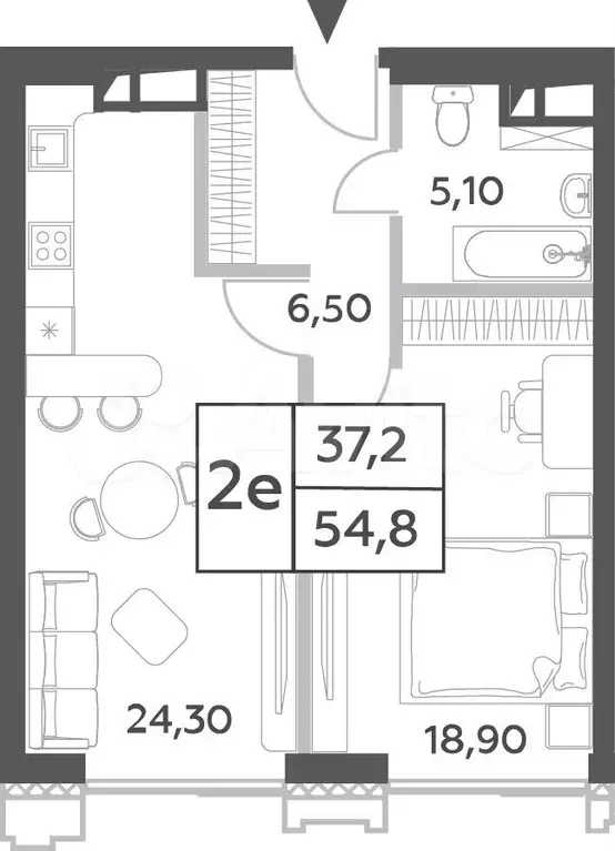 2-к. квартира, 54,8 м, 26/52 эт. - Фото 0