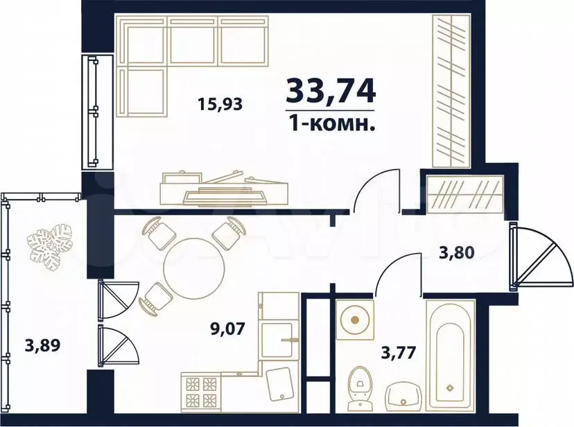 1-к. квартира, 33,7м, 6/16эт. - Фото 1