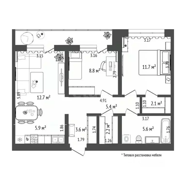 2-к кв. Тюменская область, Тюмень Причальная ул., 7 (58.0 м) - Фото 2