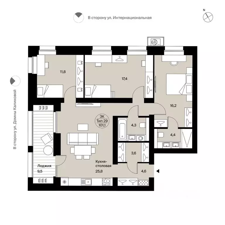 3-к кв. Коми, Сыктывкар Интернациональная ул., 200 (101.1 м) - Фото 0