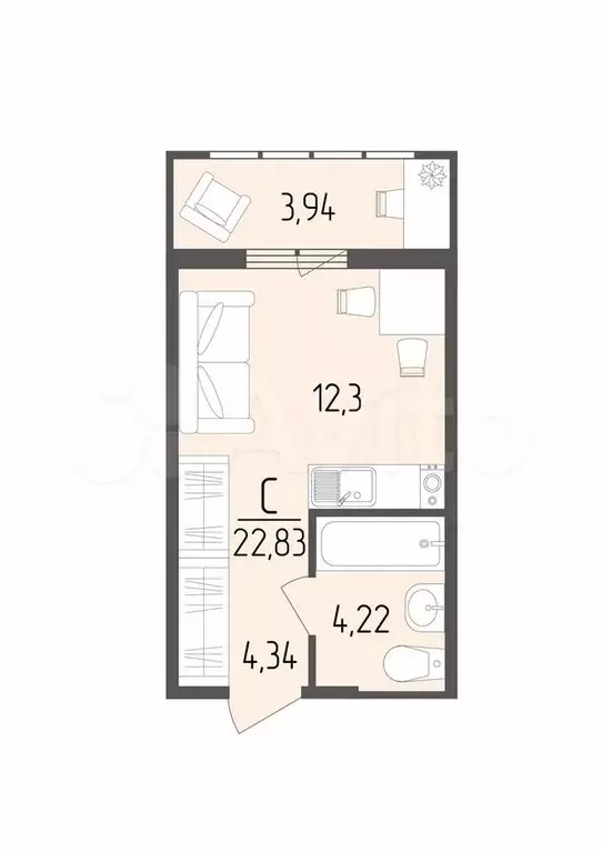 Квартира-студия, 22,8 м, 2/9 эт. - Фото 0