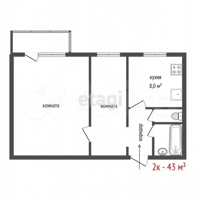 2-к. квартира, 43 м, 4/9 эт. - Фото 0