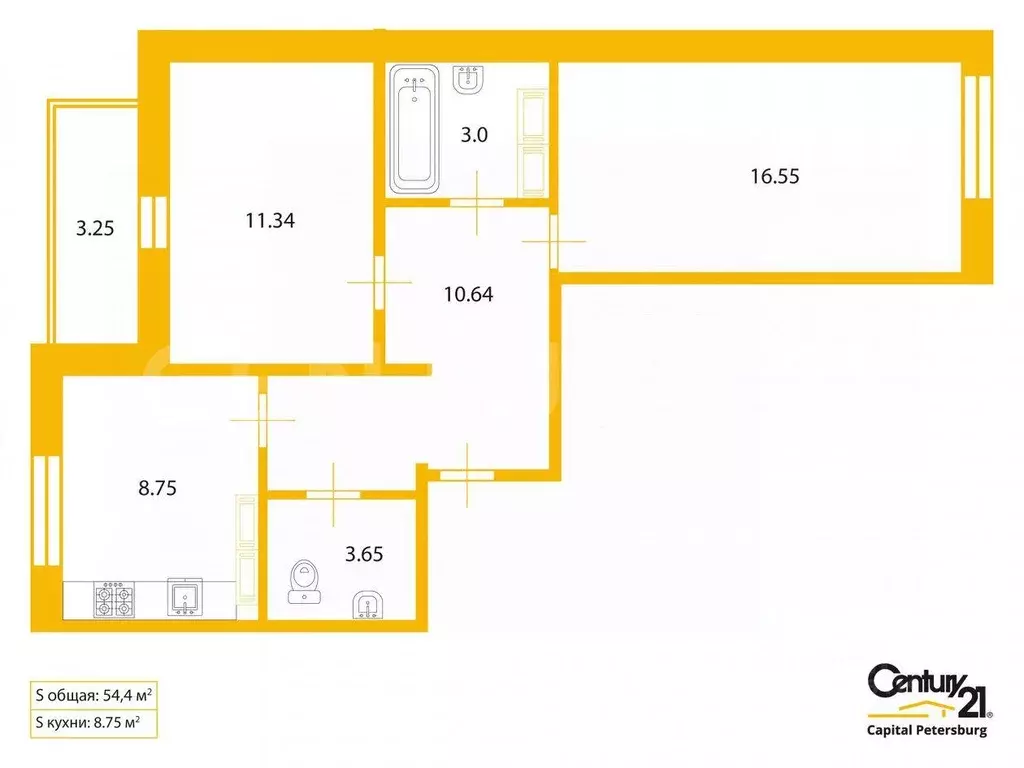 Квартира, 2 комнаты, 54.4 м - Фото 1