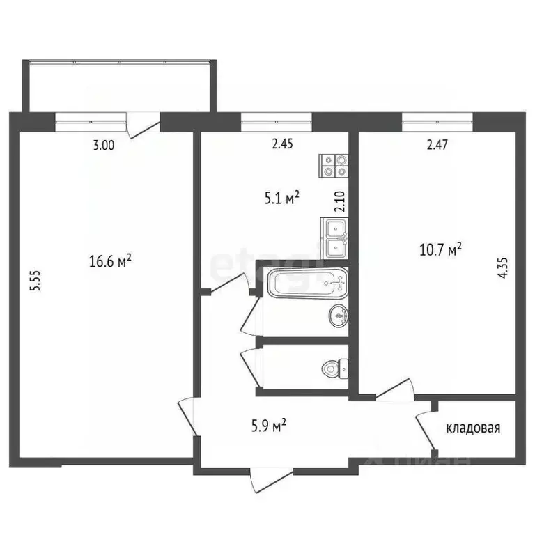 2-к кв. Омская область, Омск ул. Ватутина, 6 (43.7 м) - Фото 1