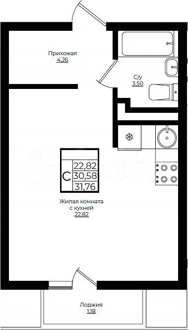 Квартира-студия, 31,8 м, 6/10 эт. - Фото 1