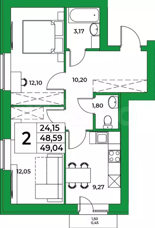 2-к. квартира, 49 м, 6/9 эт. - Фото 0