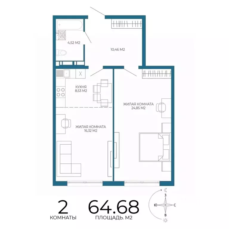 2-к кв. Пензенская область, Пенза Чаадаев жилой комплекс (64.68 м) - Фото 1