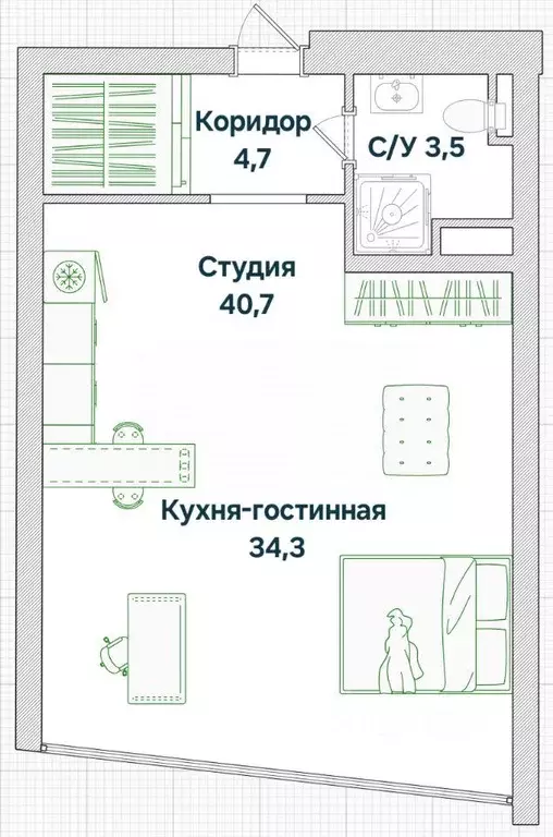 Квартира, студия, 40.7 м - Фото 1