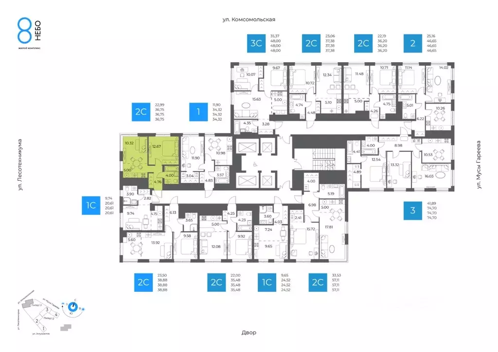 2-к кв. Башкортостан, Уфа Глумилино-1 мкр, 8-е Небо жилой комплекс ... - Фото 2