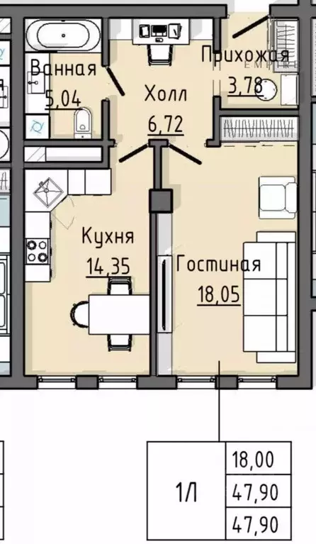 2-к кв. Чеченская республика, Грозный просп. В.В. Путина, 2 (47.09 м) - Фото 1