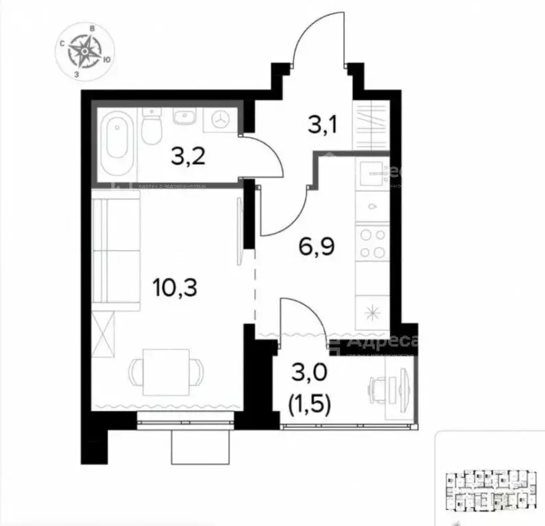 1-комнатная квартира: деревня Сапроново, Донская улица, 7 (24.1 м) - Фото 1