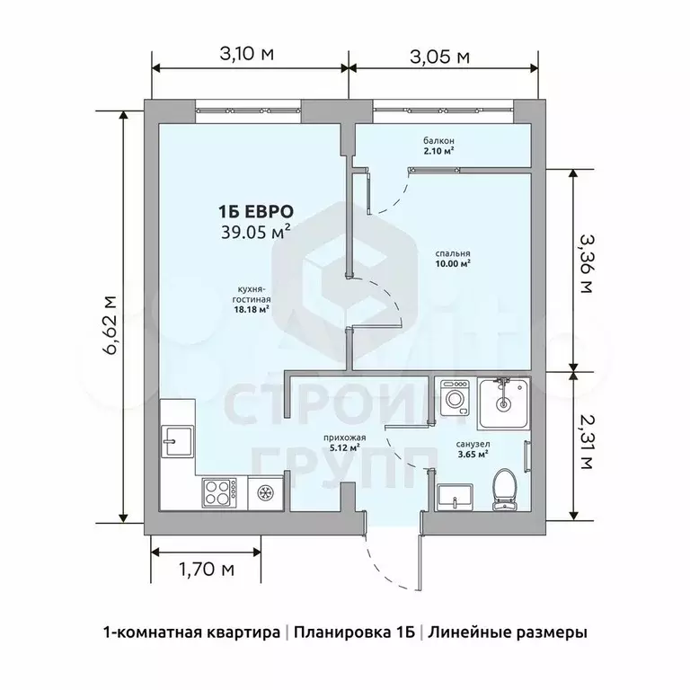1-к. квартира, 39,1 м, 7/15 эт. - Фото 1