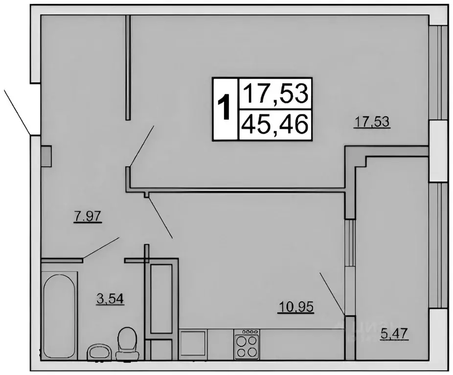 1-к кв. Белгородская область, Белгород Кирпичная ул., 65 (44.8 м) - Фото 2