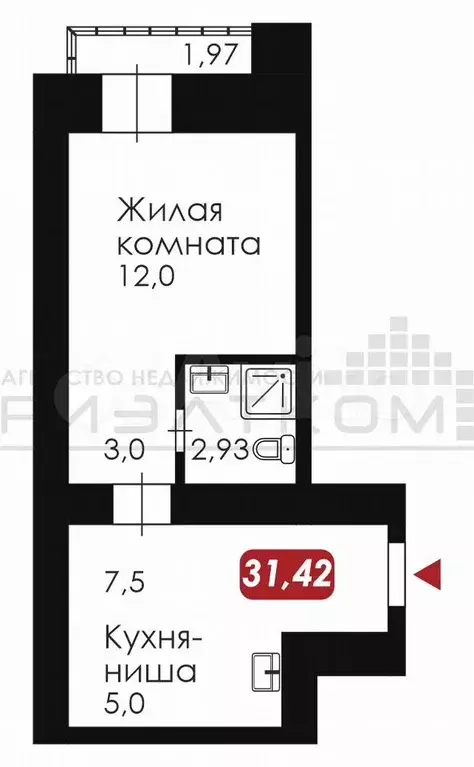 1-к. квартира, 31,5 м, 8/14 эт. - Фото 0