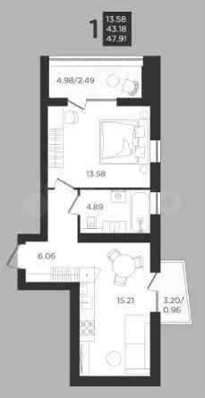 1-к. квартира, 47,9м, 4/4эт. - Фото 1