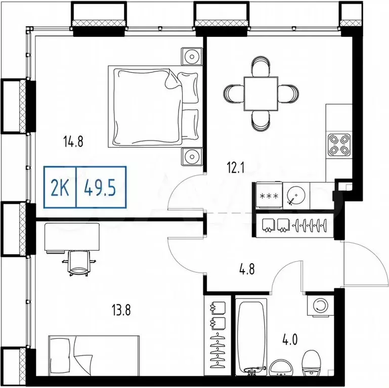 2-к. квартира, 49,5 м, 7/9 эт. - Фото 1