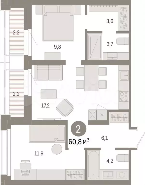 2-к. квартира, 60,8 м, 3/9 эт. - Фото 1