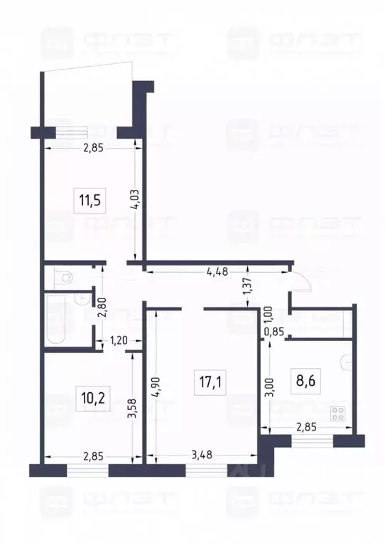 3-к кв. Татарстан, Казань ул. Айдарова, 18 (65.3 м) - Фото 2