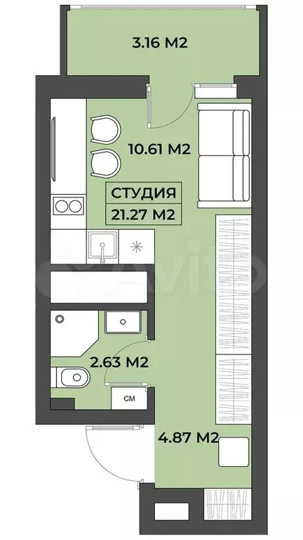 Апартаменты-студия, 21,3 м, 5/19 эт. - Фото 0