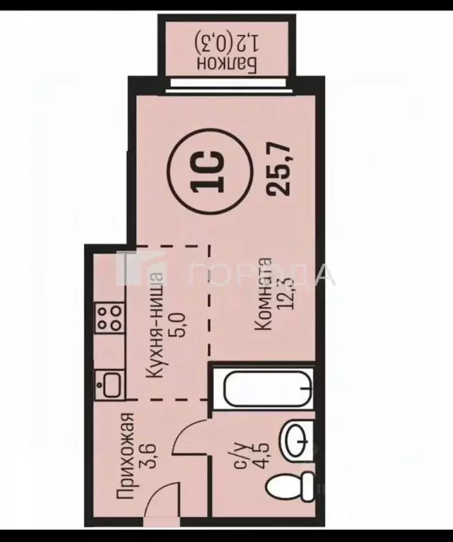 Студия Алтайский край, Барнаул ул. Имени В.Т. Христенко, 2к3 (27.0 м) - Фото 1