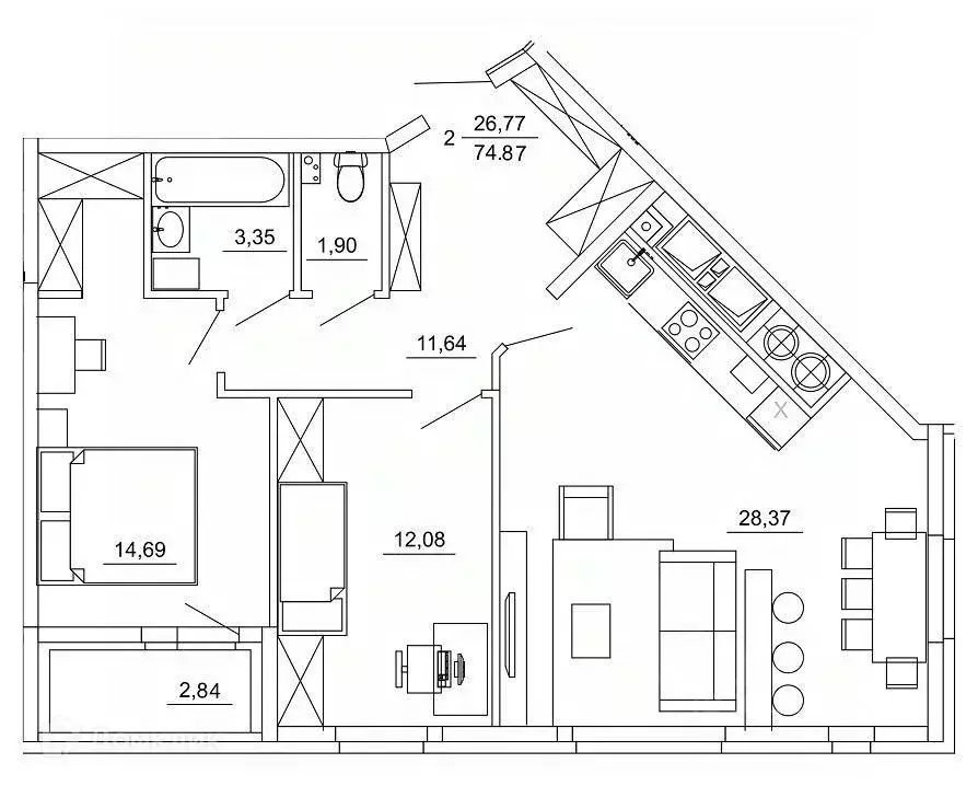 2-к кв. Рязанская область, Рязань ул. Земнухова (74.87 м) - Фото 1