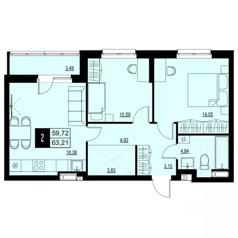 2-к кв. Самарская область, Самара Южное ш., 7А (61.47 м) - Фото 1