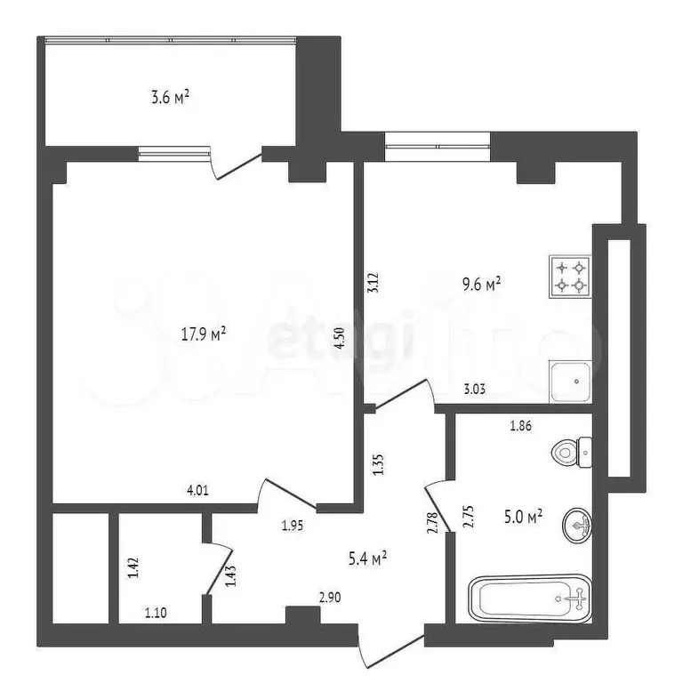 1-к. квартира, 39,5 м, 8/9 эт. - Фото 0