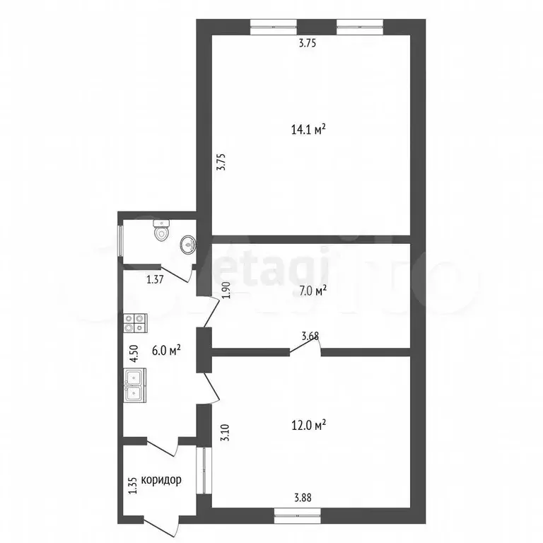 2-к. квартира, 41,9 м, 1/1 эт. - Фото 0
